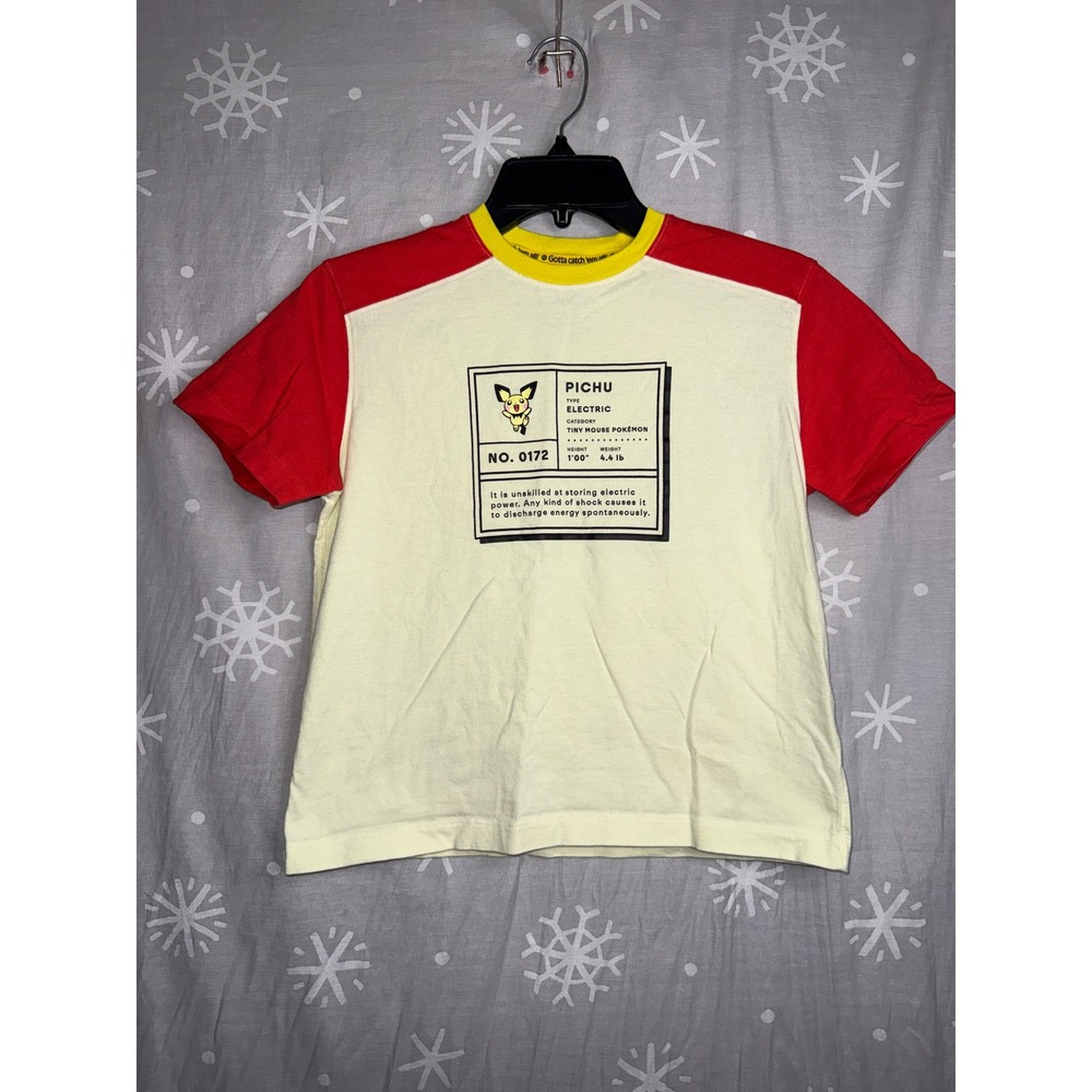 Pokemon Pichu Pokedex Graphic T-Shirt Kids Medium Cream Red Yellow Colorblock